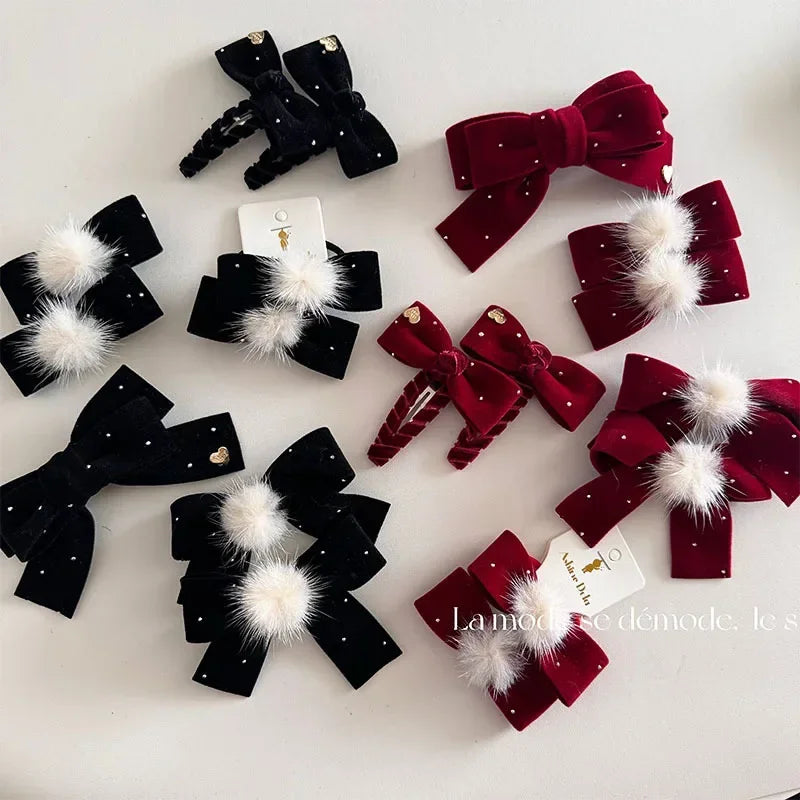 1/2Pc Red Velvet Bow Hair Pins Alloy Heart Hair Clips for Kids Girls Pompom Barrettes Ponytail Holder Headwear Accessories