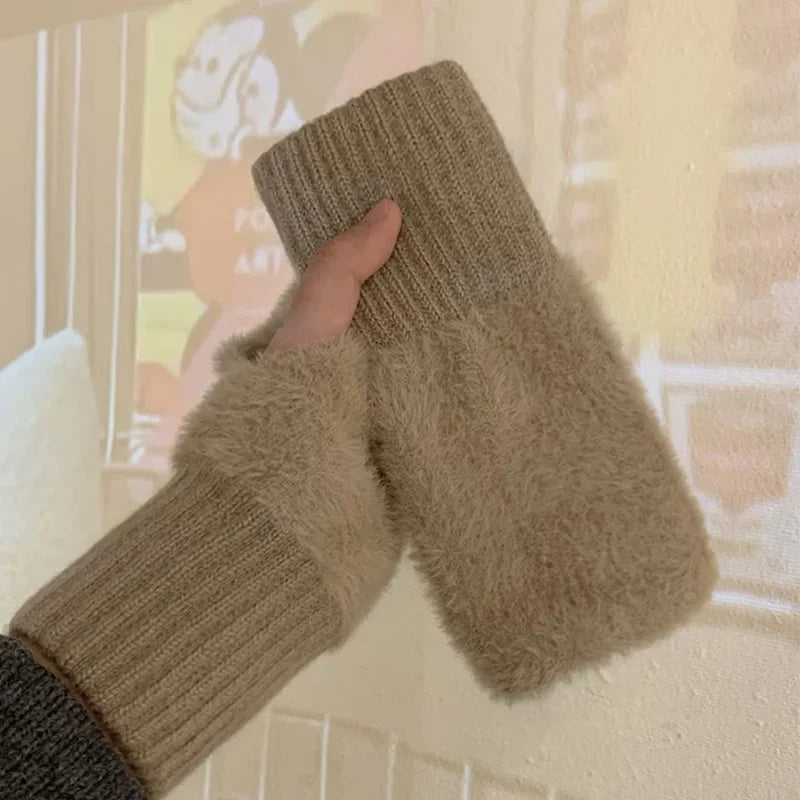 Soft Winter Half Finger Gloves Women Warm Luxury Solid White Plush Knitted Fingerless Gloves Wrist Mittens Writting