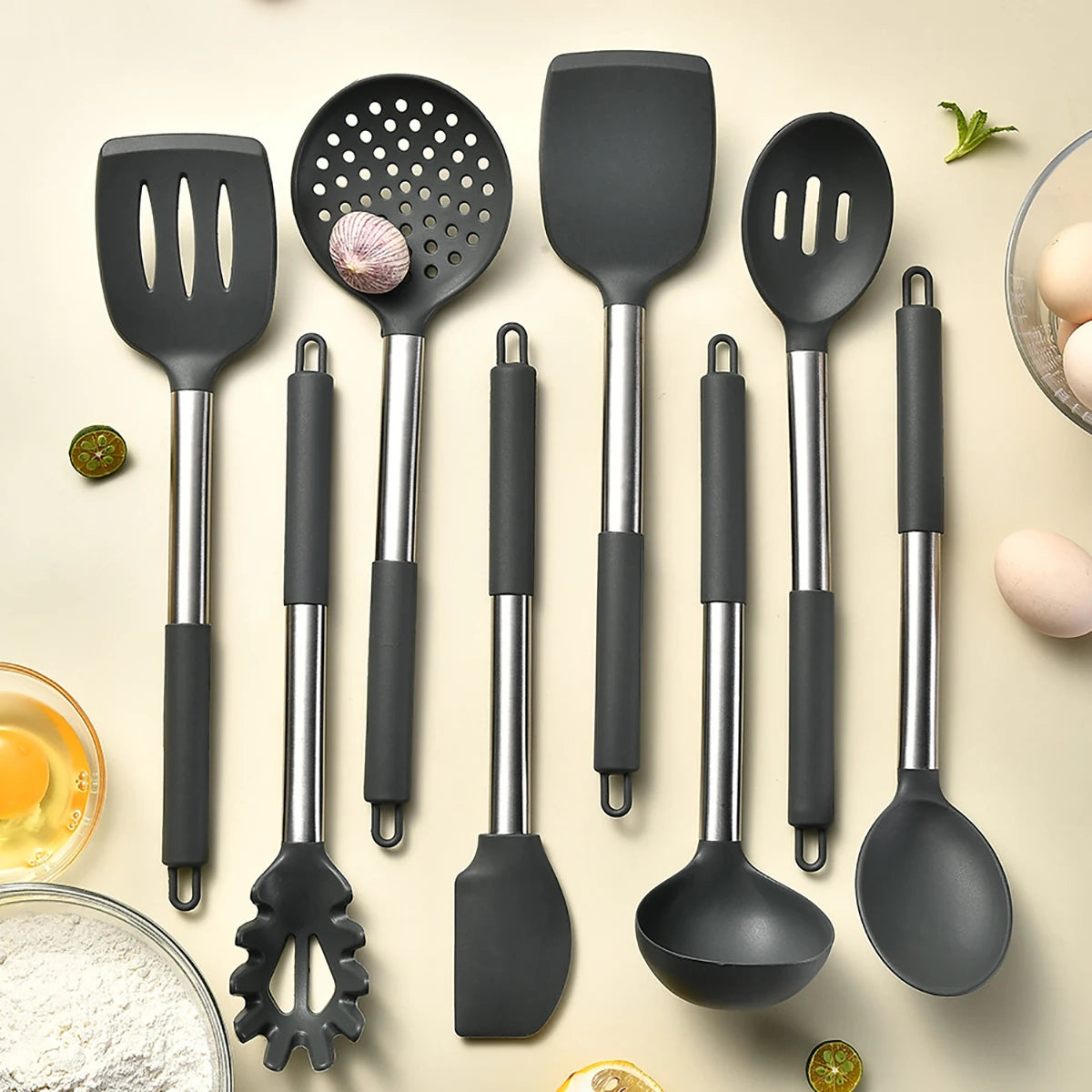 2/4/6/8pcs Silicone Kitchenware Set Stainless Steel Hand Shovel Soup Spoon Spaghetti Claw Cooking Set Household Kitchen Tool Set