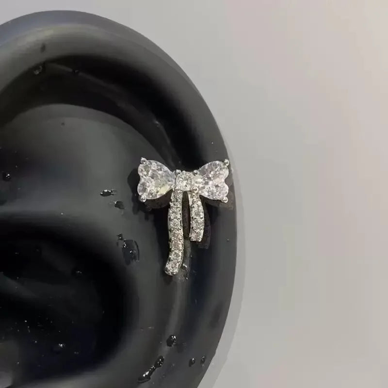 1 Pcs White Heart Bowknot Titanium Steel Ear Bone Nail Shiny Allergy Prevention Women Cochlear Accessories Piercing Earrings