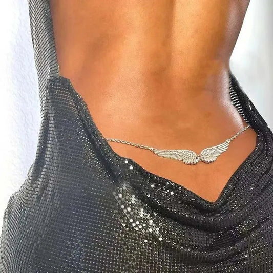 Silver angel wing waist chain with short belly chain, adjustable fit