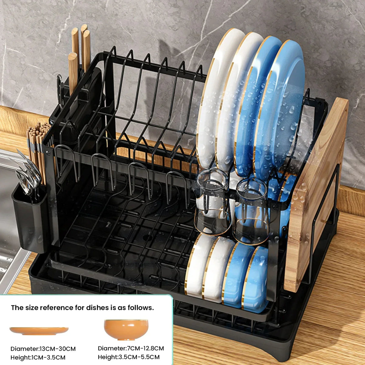 Space Saving Double Tier Dish Drying Rack Rust Resistant Metal With Drain Tray Easy Assemble Kitchen Tableware Holder