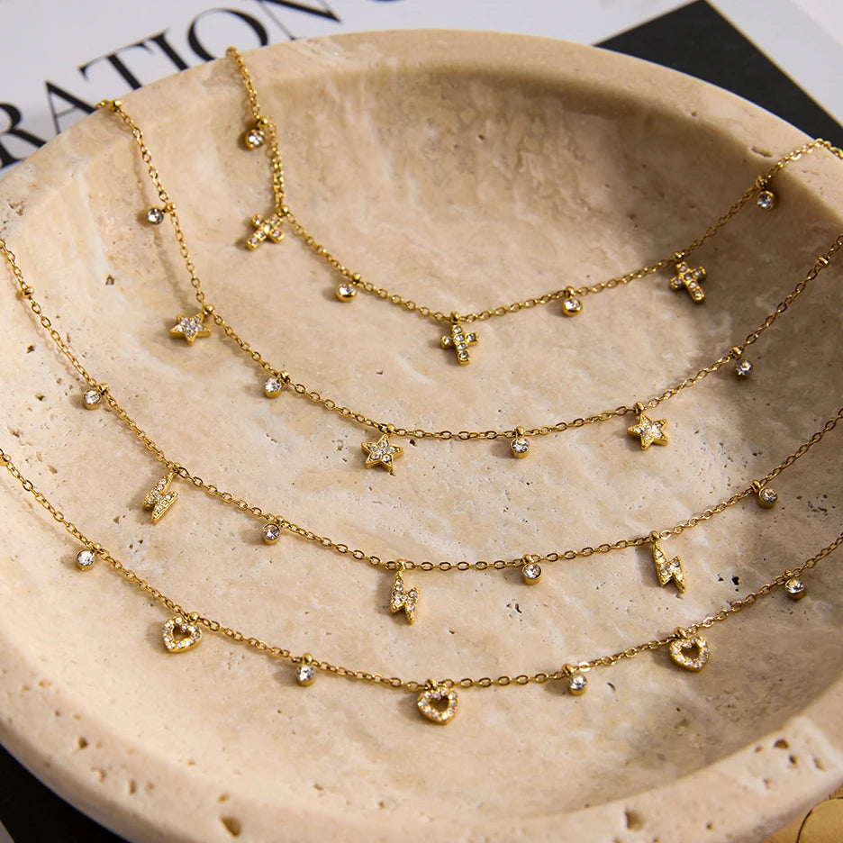 Uworld Simple Classic 18K Gold Color Plated Stainless Steel White Water Rhinestone Lightning Pendant Necklace Stackable Chain Ne
