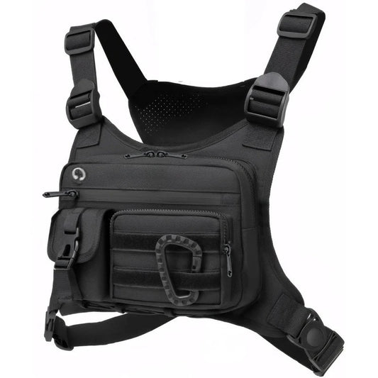 Black tactical chest bag with front zip pockets and adjustable shoulder straps
