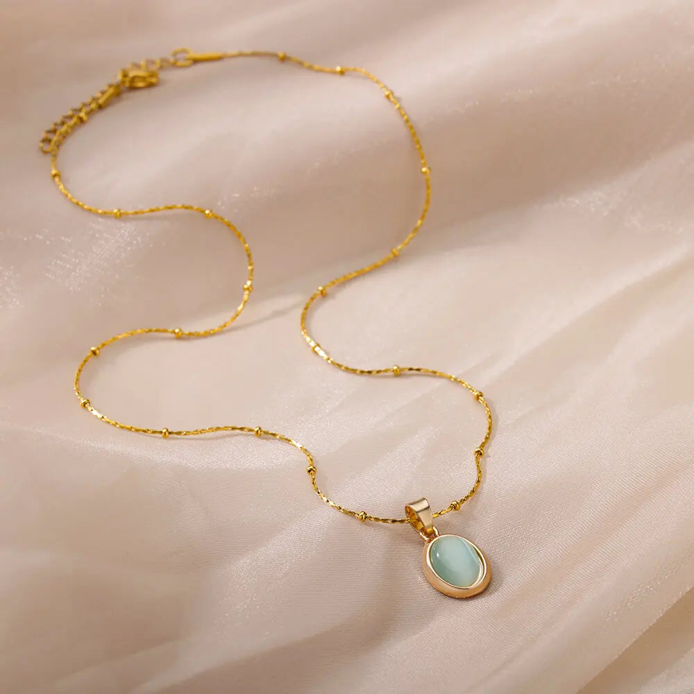 Oval Opal Pendant Necklace For Women Gold Plated Stainless Steel Bead Chains Necklaces 2022 Trend Wedding Jewelry collares mujer