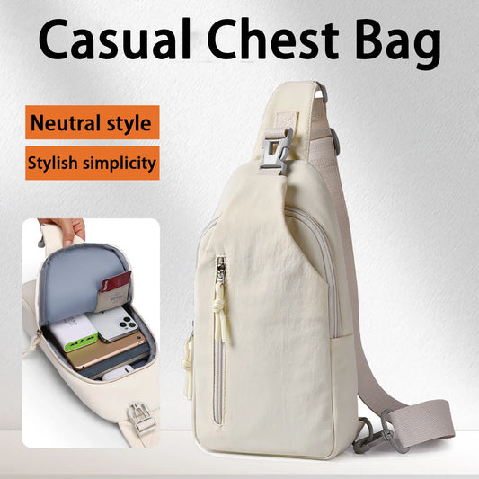 White casual chest cross-body bag with zipper pocket and adjustable shoulder strap