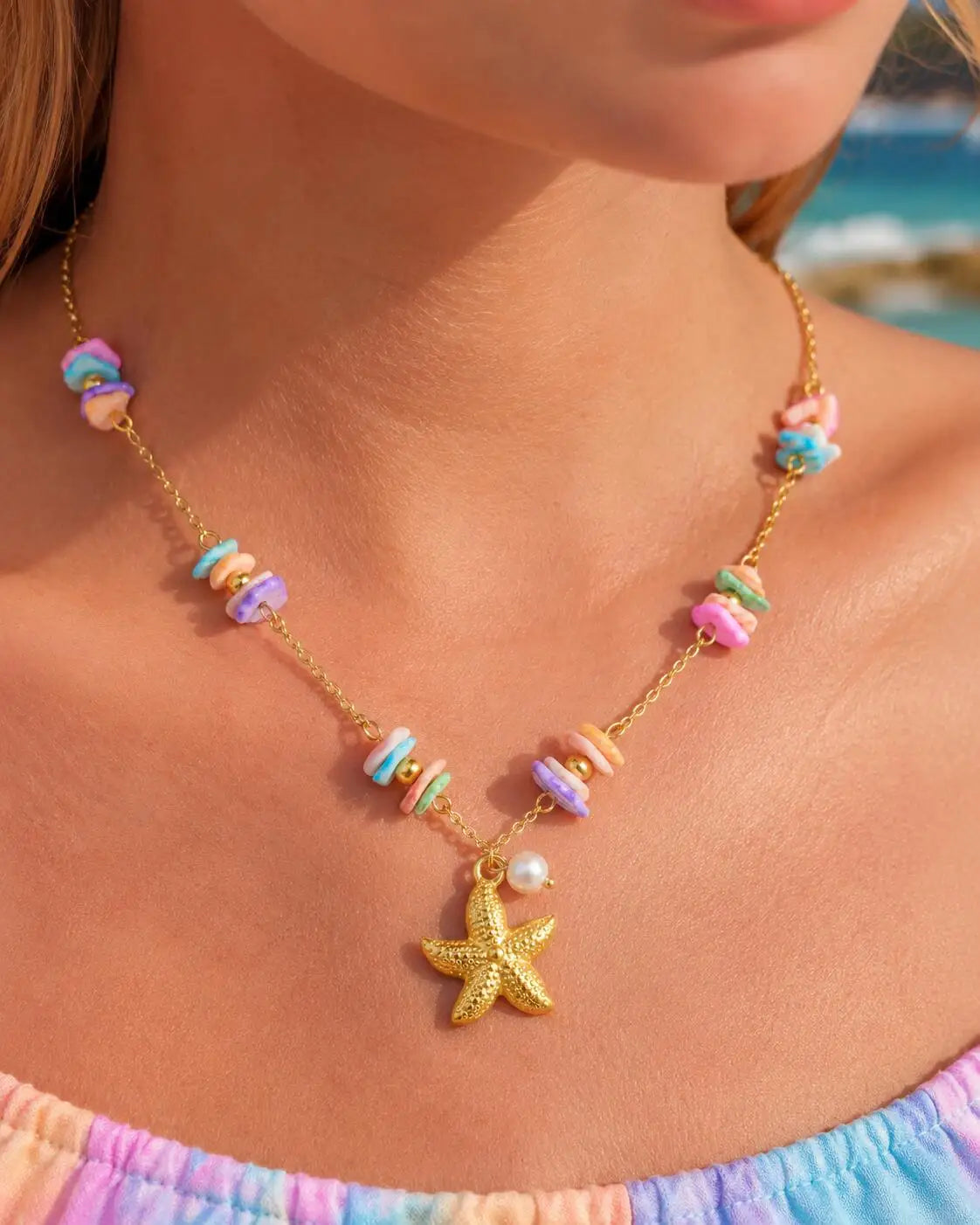 18K Gold Plated Pearl, Shell, Conch, Starfish Summer Beach Necklace for Women, Stainless Steel Waterproof Charm Jewelry