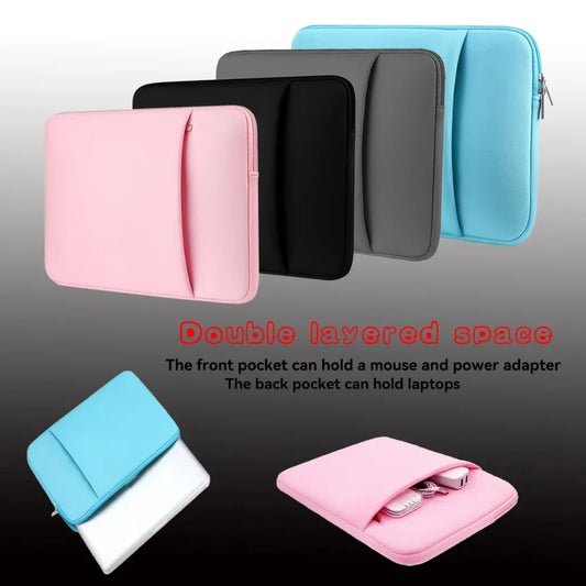 Padded laptop inner bag in light pink, black, and light blue with front pocket