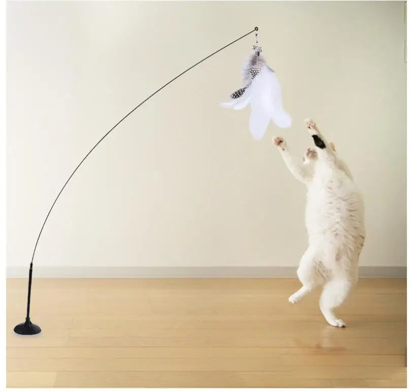 Cat Toys Interactive Cat Toy Steel Wire Feather Toys for Cats Stick Suction Cup Feather Cats Toy with Bell Teaser Pet Products