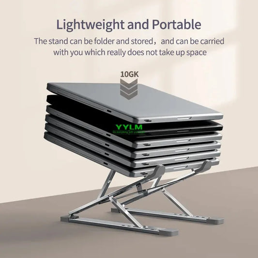 Adjustable aluminum laptop stand with vented support platform, foldable base