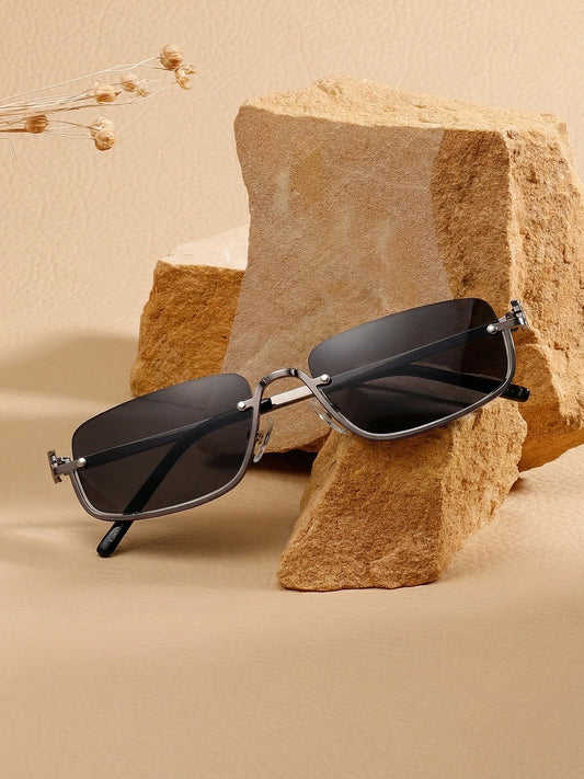 Semi-rimless metal sunglasses with dark lenses and black temples