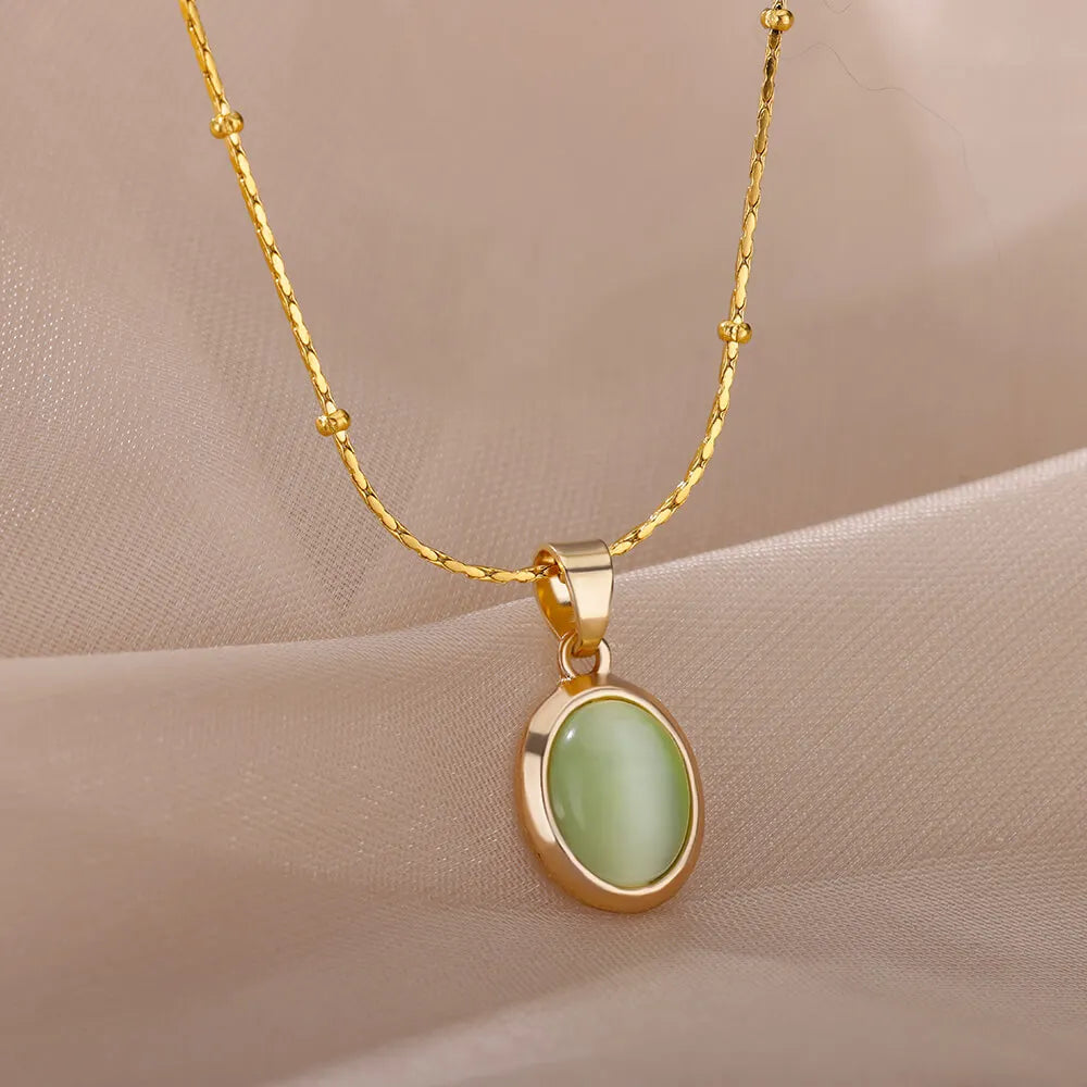 Oval Opal Pendant Necklace For Women Gold Plated Stainless Steel Bead Chains Necklaces 2022 Trend Wedding Jewelry collares mujer