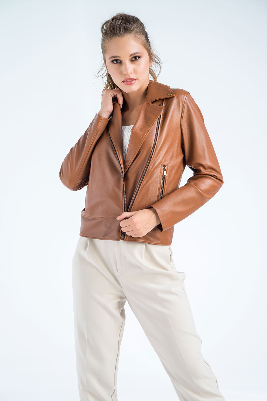 Chocolate brown genuine leather jacket with zip front and stand collar, front pockets