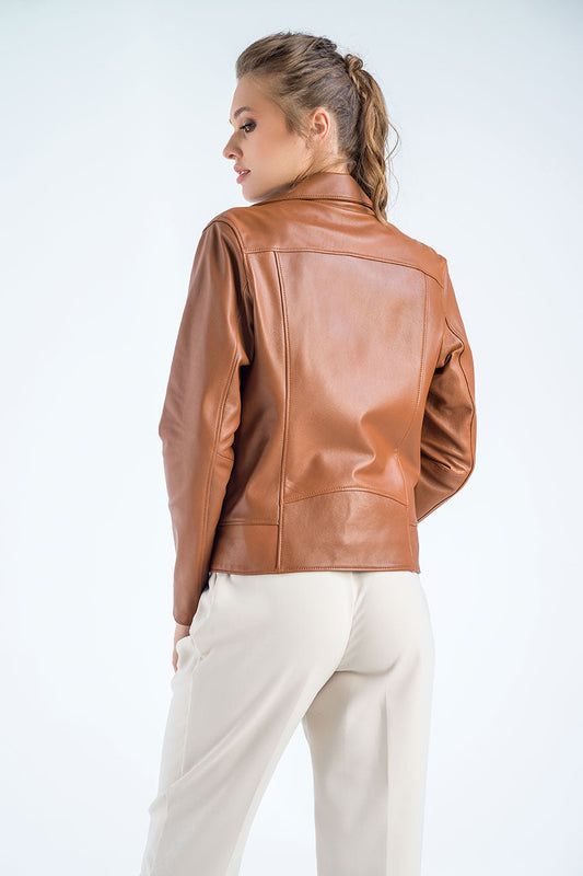 Chocolate brown genuine leather jacket, back view with center seam and stand collar