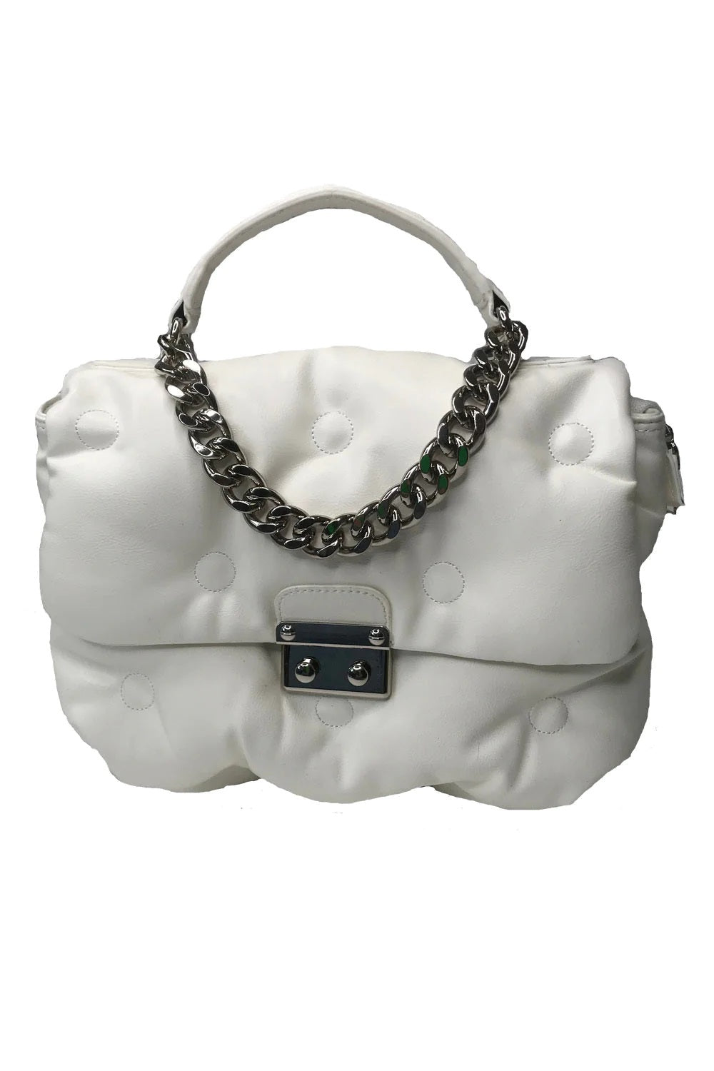 White faux-leather satchel with chain handle, flap clasp, and dot texture