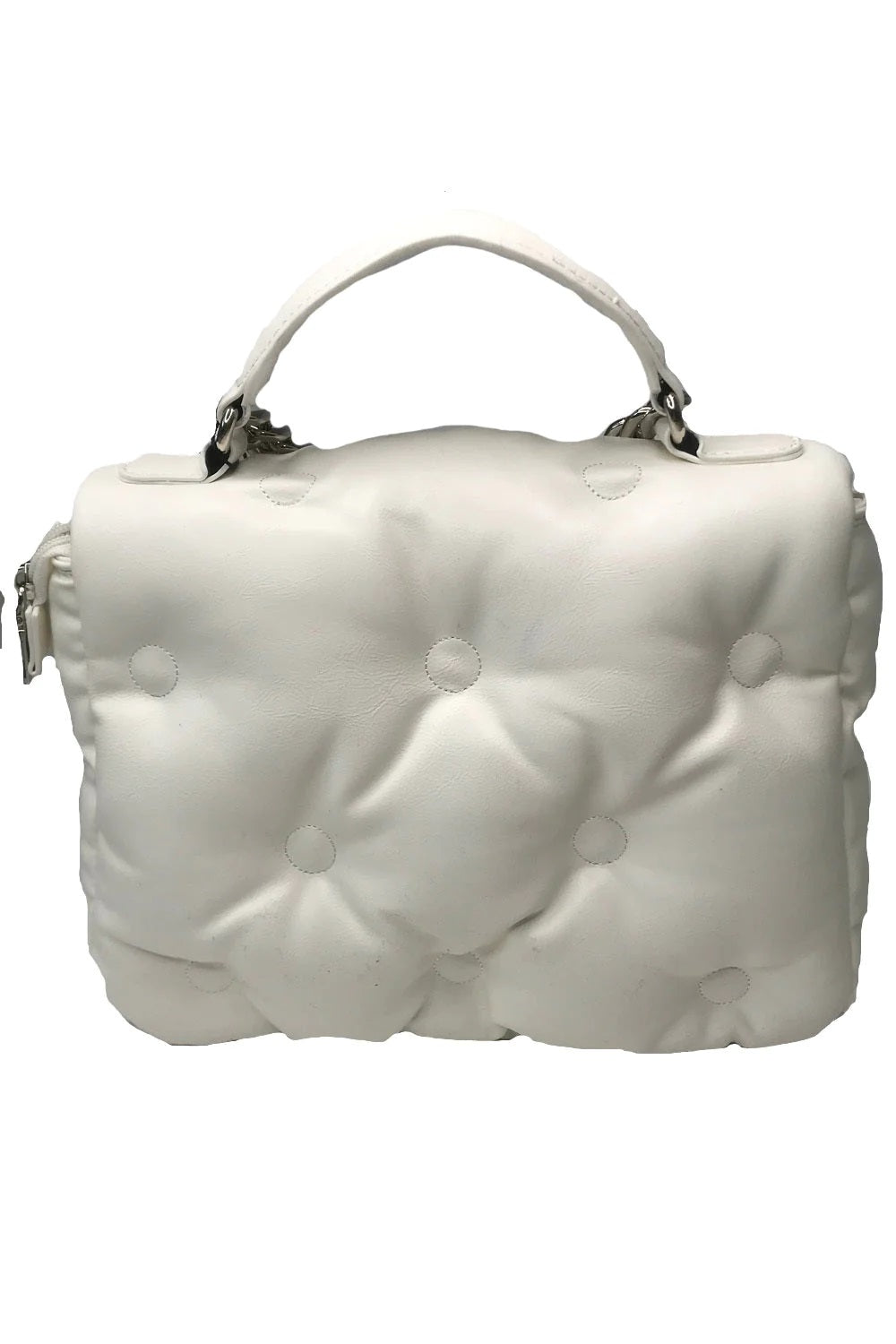 White faux-leather satchel with chain handles and embossed dot pattern