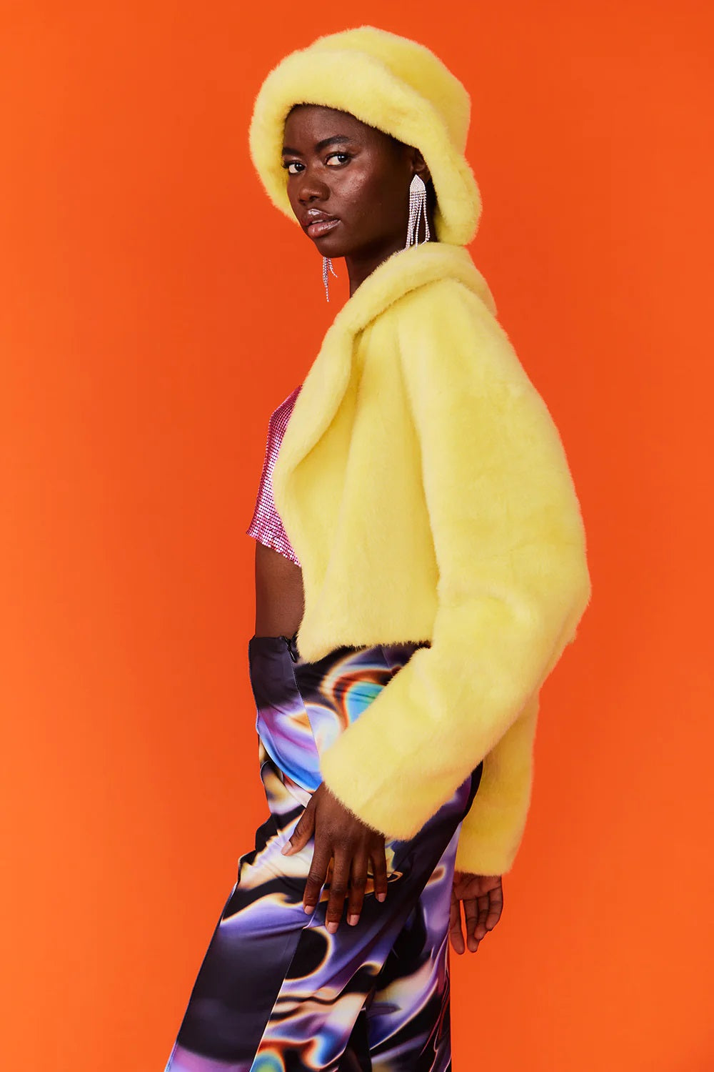 Yellow faux fur bucket hat, rounded crown and flared brim