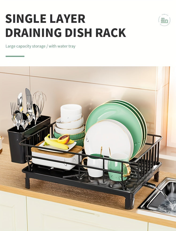 Rustproof Dish Drying Rack Kitchen Countertop Dish Rack Dish Drainer Organizer with Utensil Holder＆ Drain Board for Kitchen Sink