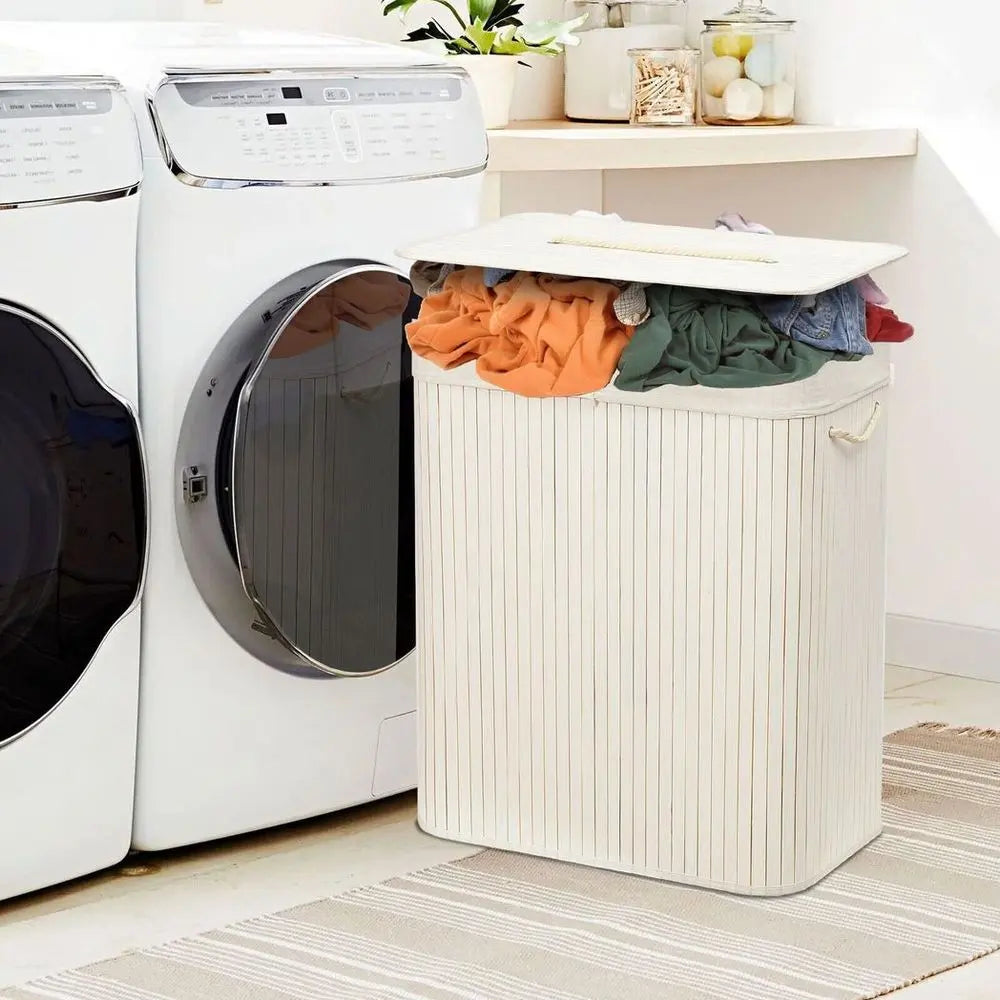 Rectangular Bamboo Laundry Basket-White with Divider - Image #6