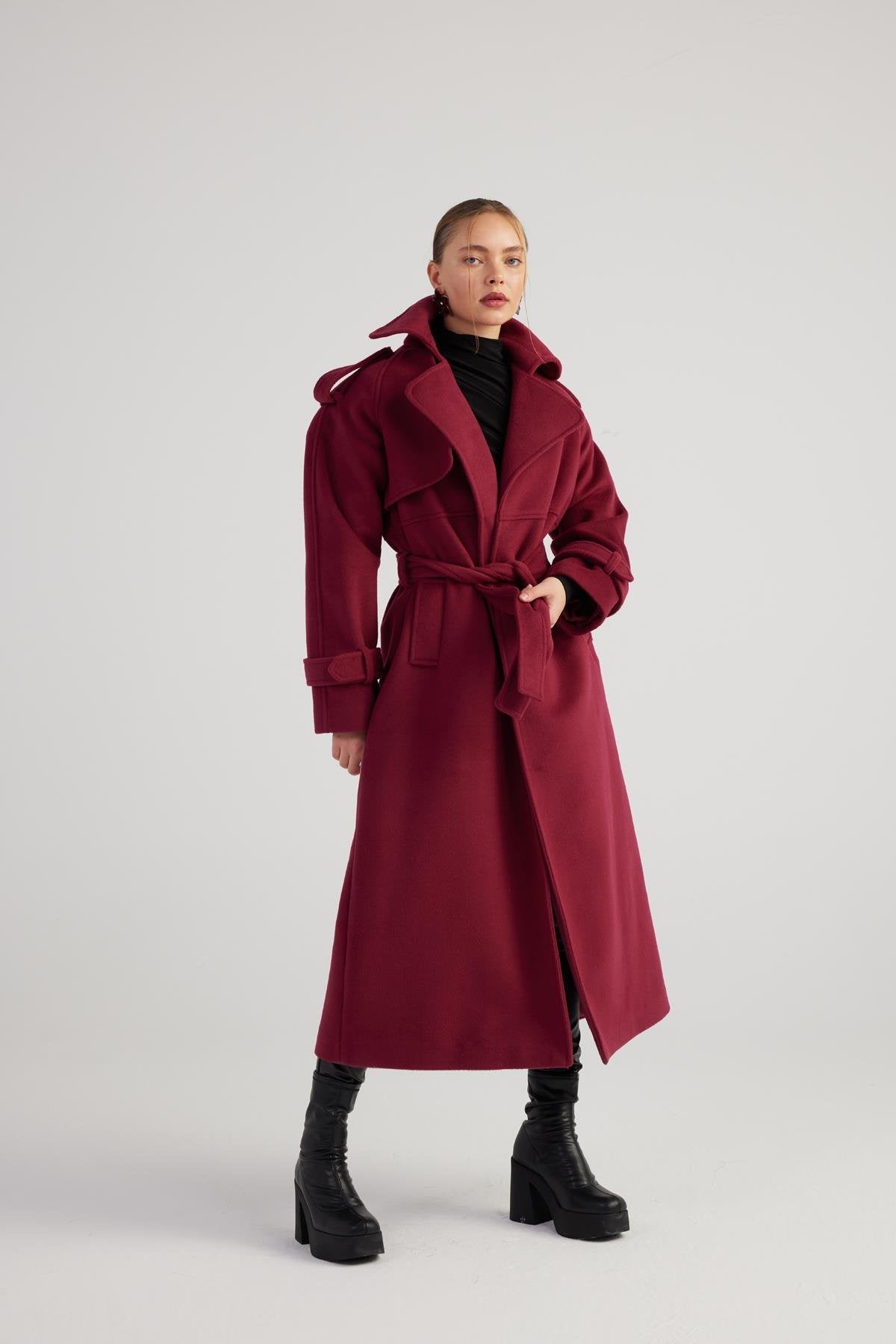 Burgundy maxi belted coat with wide collar and long sleeves