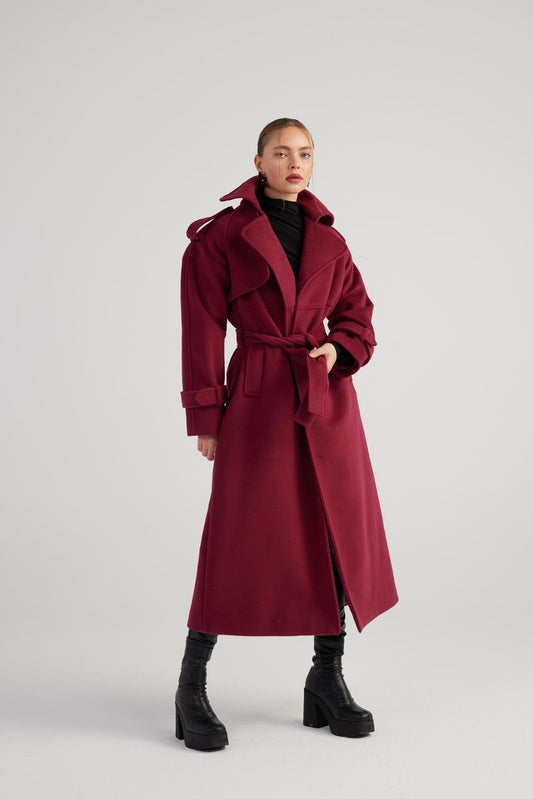 Burgundy maxi belted coat with wide collar and long sleeves