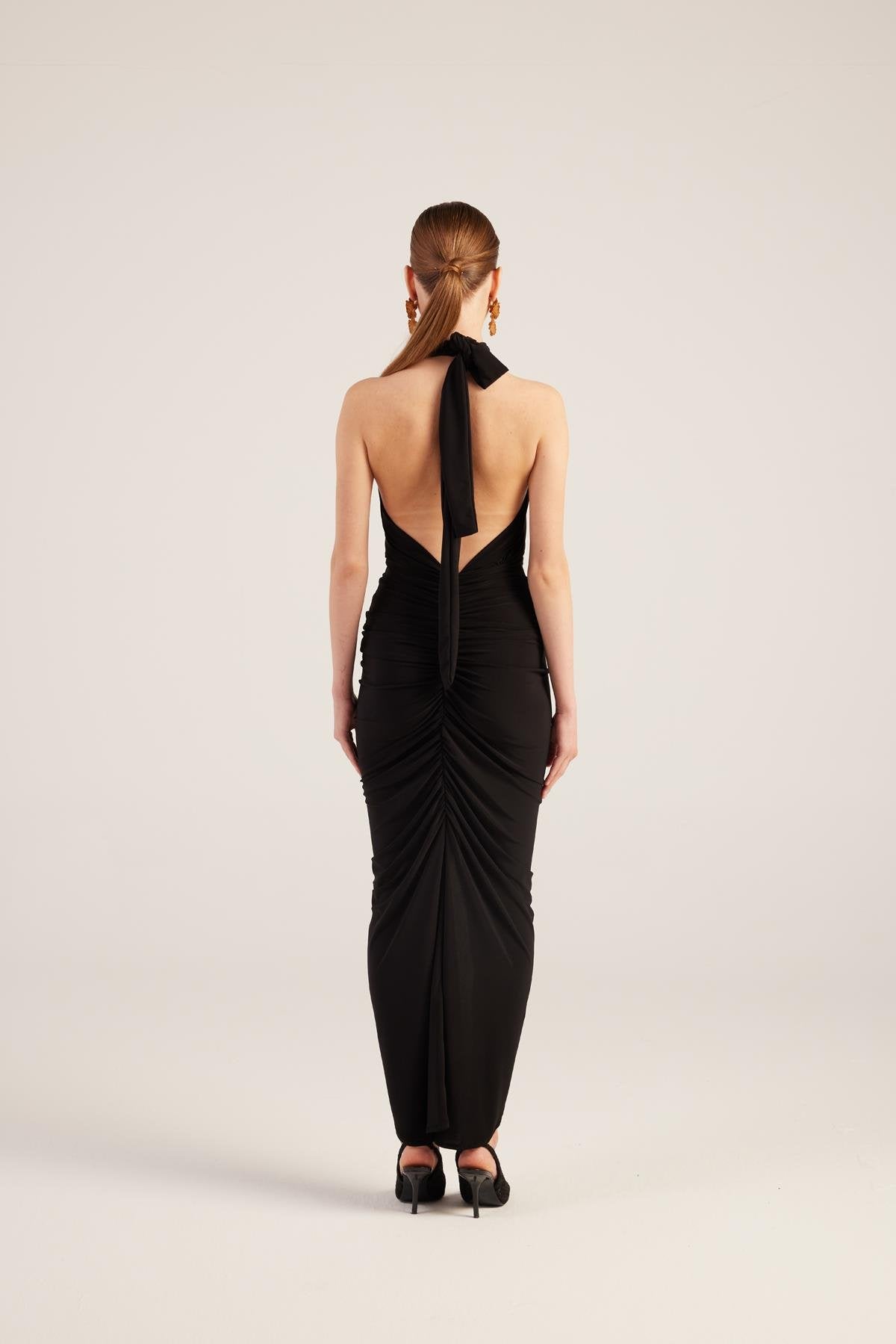 Black backless halter maxi dress, strappy open back with long tail