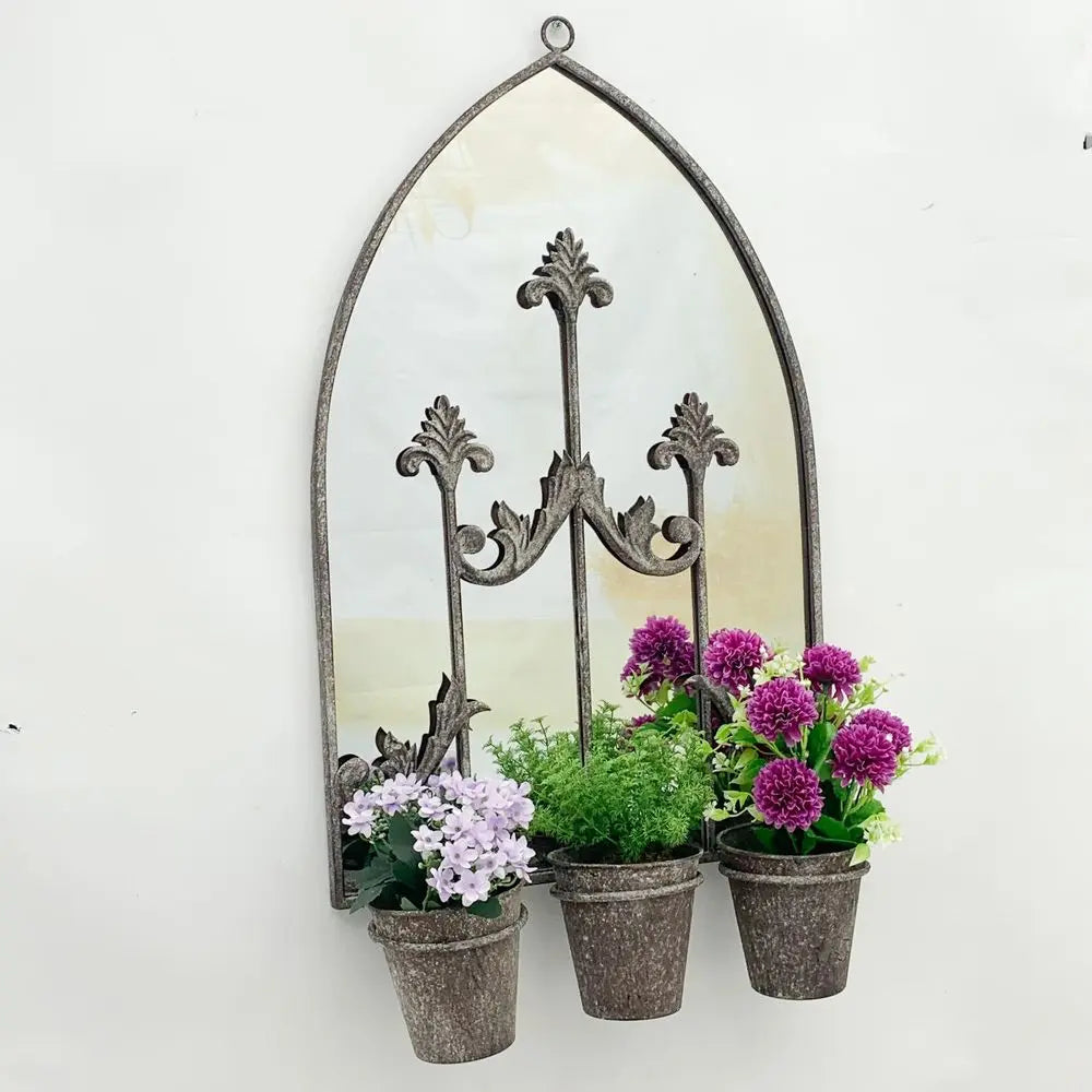 60cm RUSTY WALL MIRROR WITH TRIPLE PLANTER - Image #1