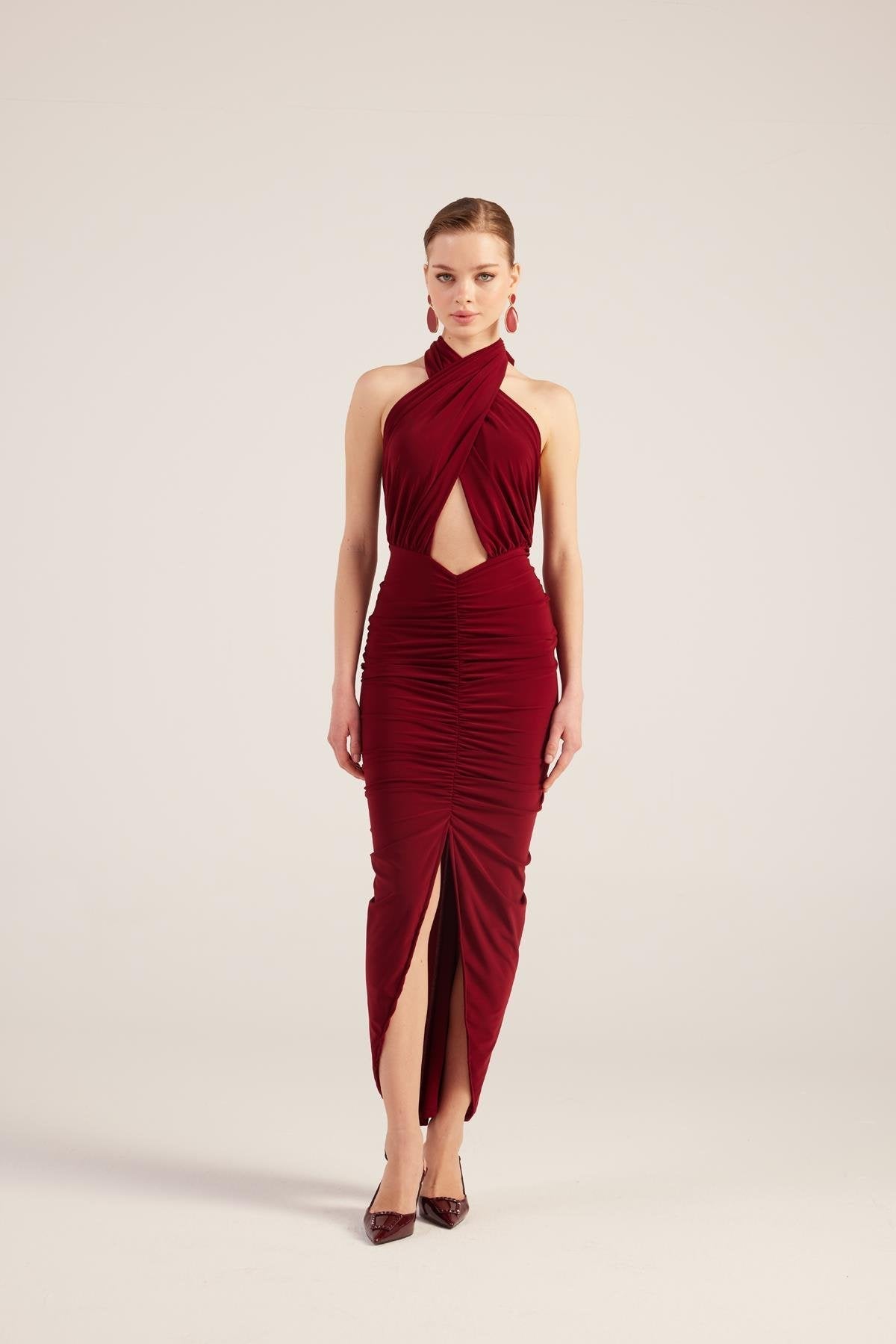 Burgundy backless halter slit maxi dress, ruched front and side cut