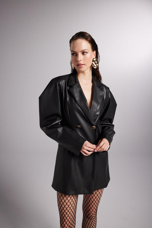 Black faux leather blazer jacket with notched lapels and gold buttons