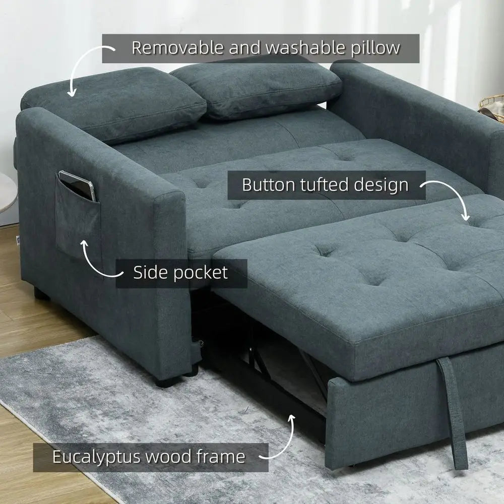 HOMCOM 2 Seater Sofa Bed Convertible Bed Settee with Cushions, Pockets, Grey - Image #6