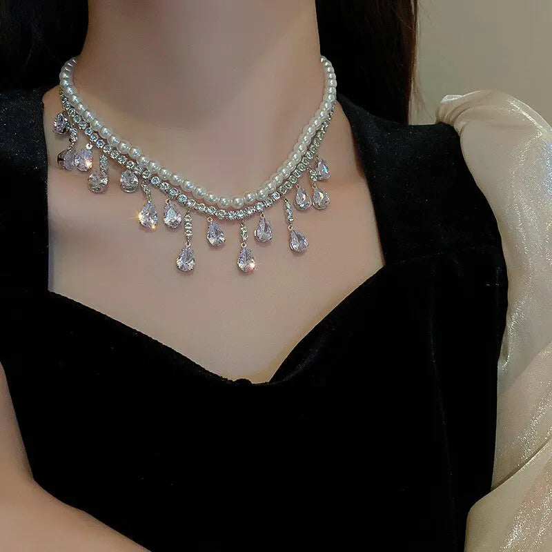 Luxury Pearl Tassel Crystal Necklace - Image #1