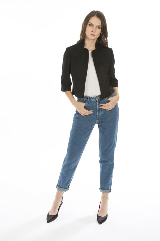 Black faux suede jacket with notch collar, cropped 3/4 sleeves, open front