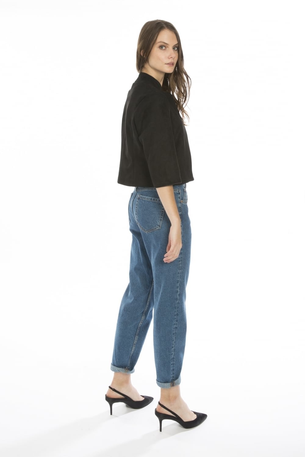 Black faux suede jacket, cropped side view with notch collar and 3/4 sleeves