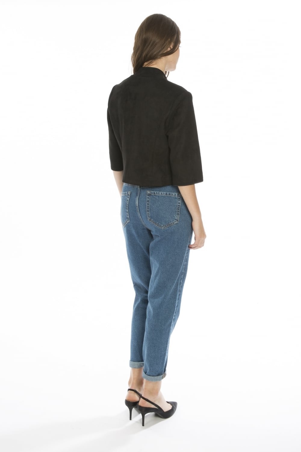 Back view of black faux suede jacket with 3/4 sleeves and cropped length