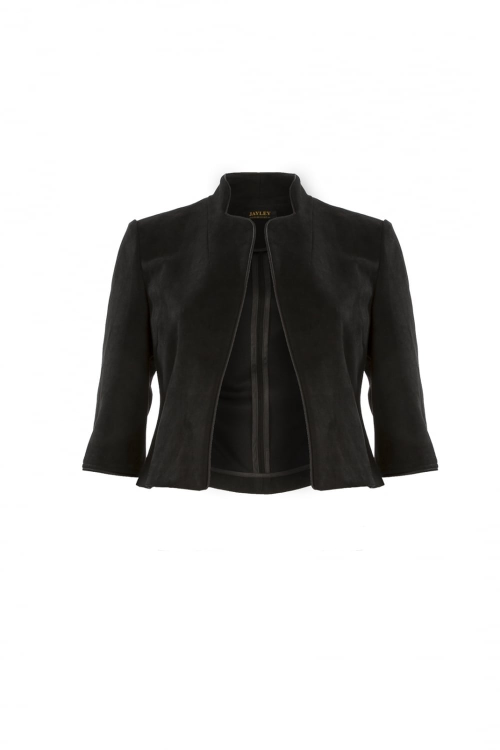 Black faux suede jacket flat lay with notch collar and front zip placket