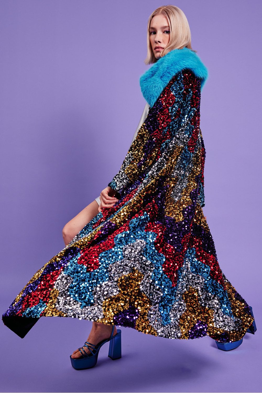 Multicolor sequin velvet trench coat with blue faux fur collar, flared long sleeves