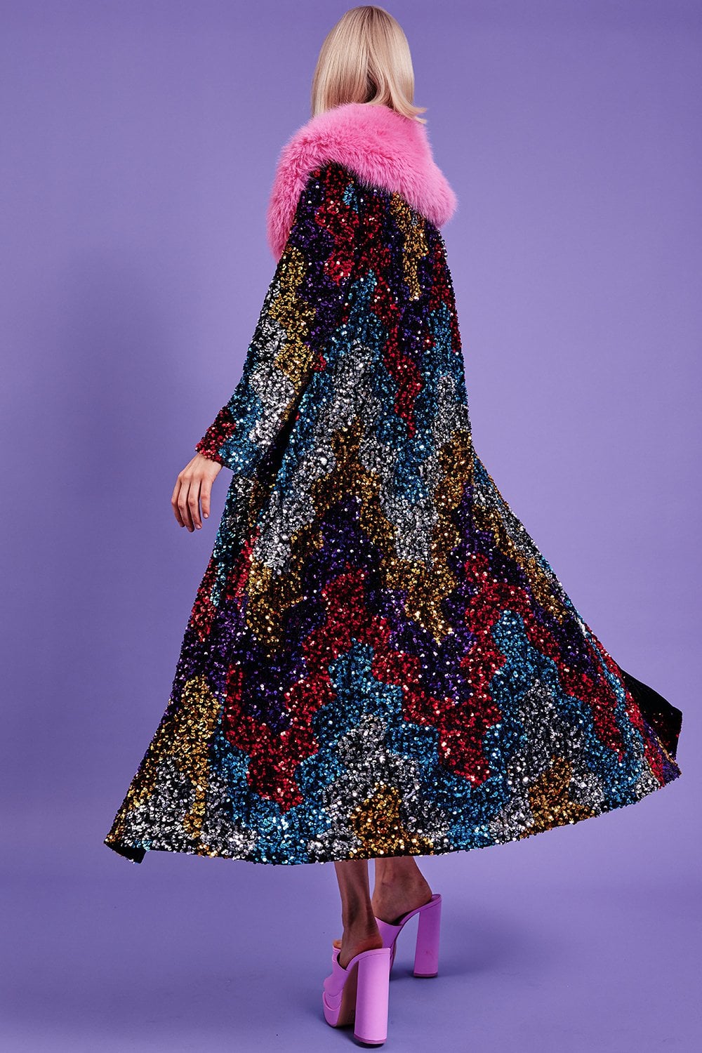 Sequin velvet trench coat with pink faux fur collar, back view, flared hem