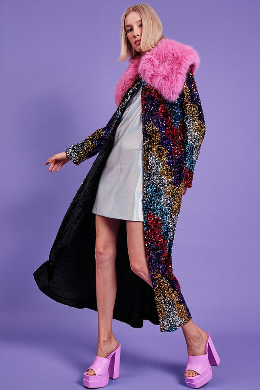 Sequin velvet trench coat with pink faux fur collar, open front, black base