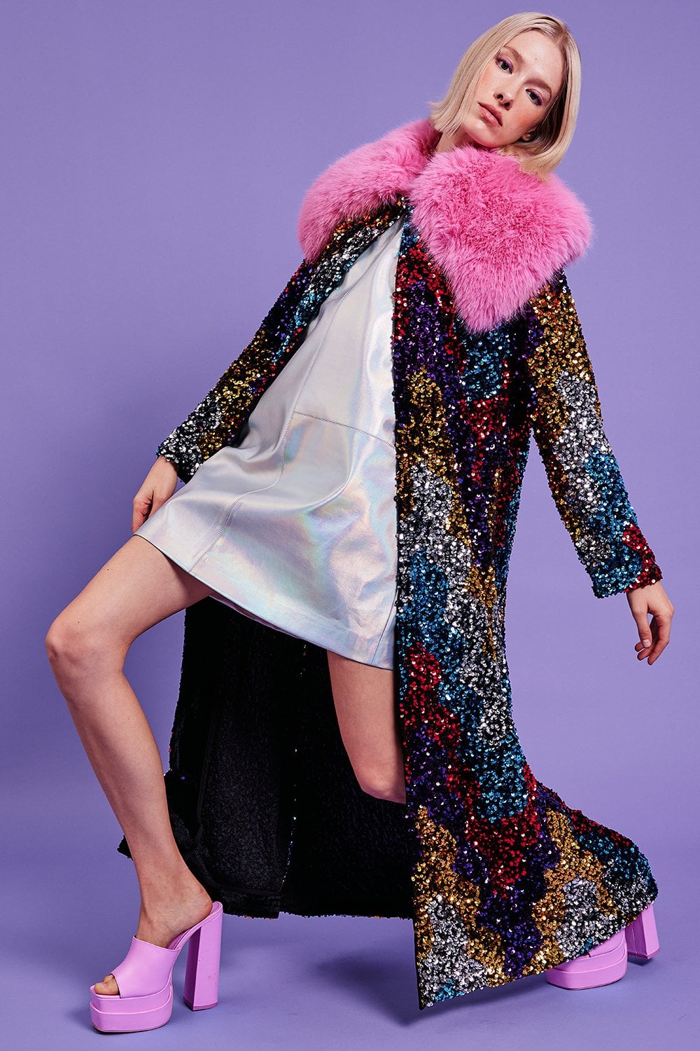 Sequin velvet trench coat with pink faux fur collar, belted silhouette, black base