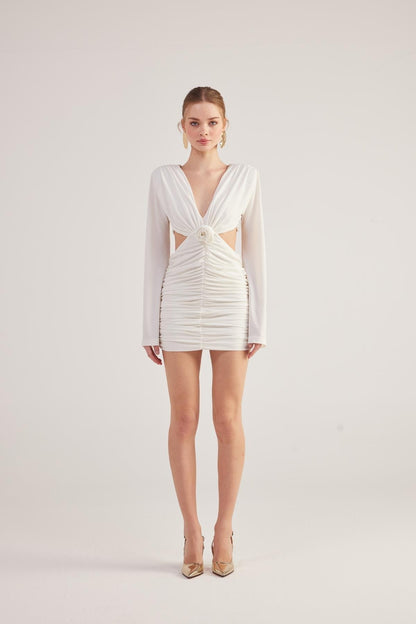 Hanna White Backless Long Sleeve Mini Dress with Removable Rose Accessory – view 4