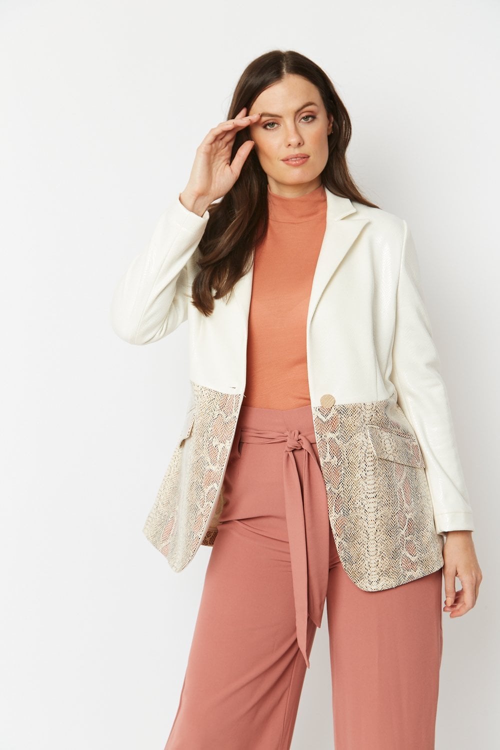 Cream faux suede jacket with snake-print chest and pocket panels, single button closure