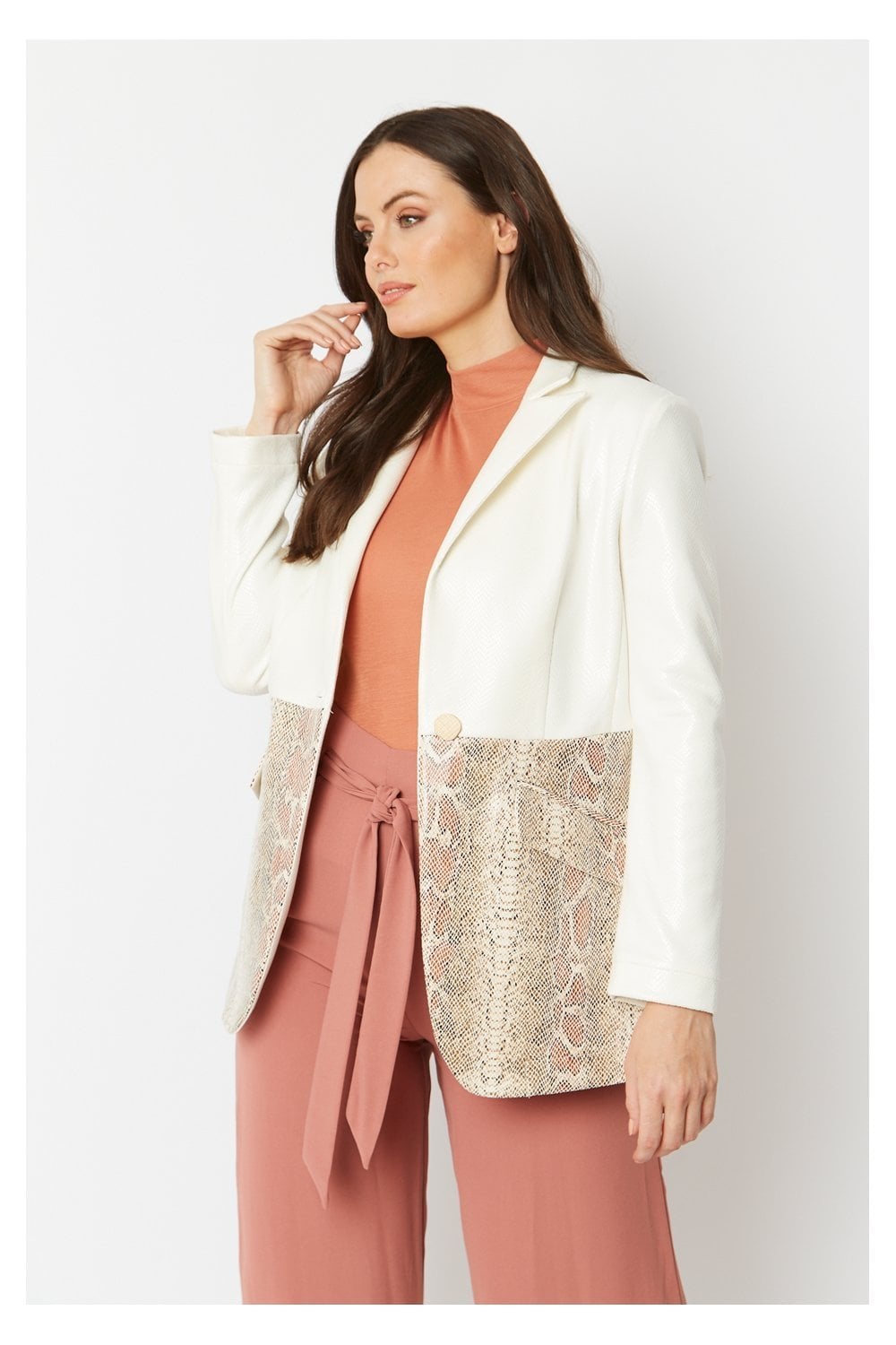 Cream faux suede jacket with snake-print pocket panel and front single-button detail
