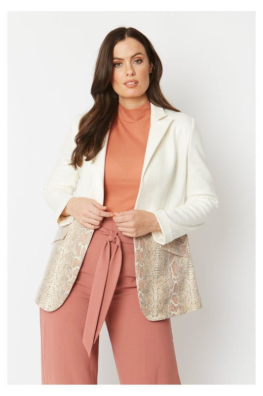 Cream faux suede jacket with snake-print pocket panels and notch lapel, single-button front