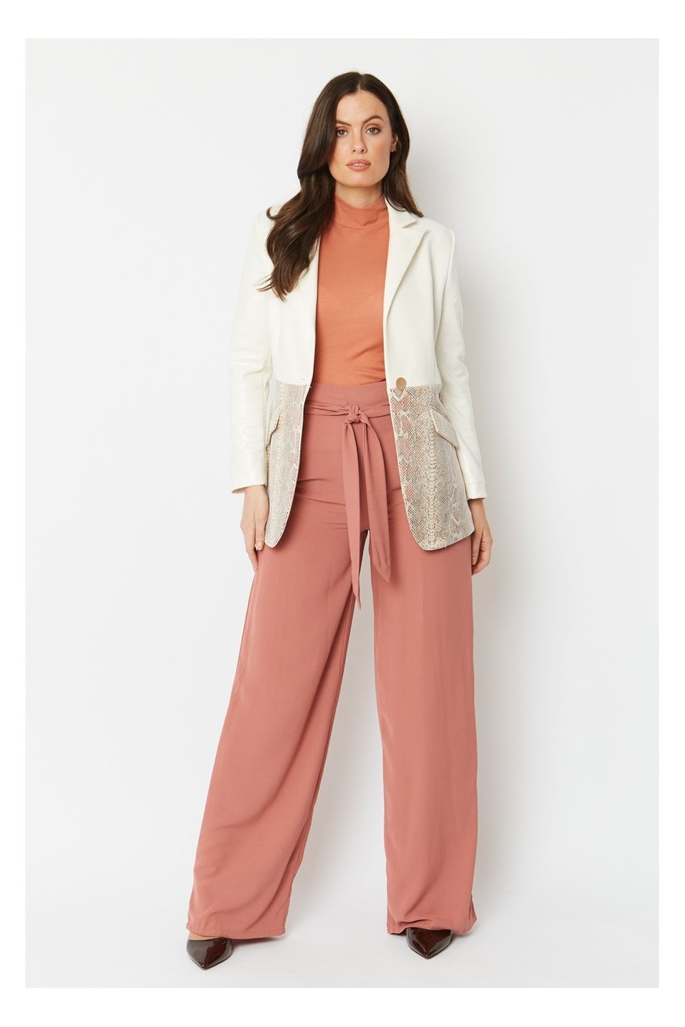 Cream faux suede jacket with snake-print pocket panel and relaxed longline fit
