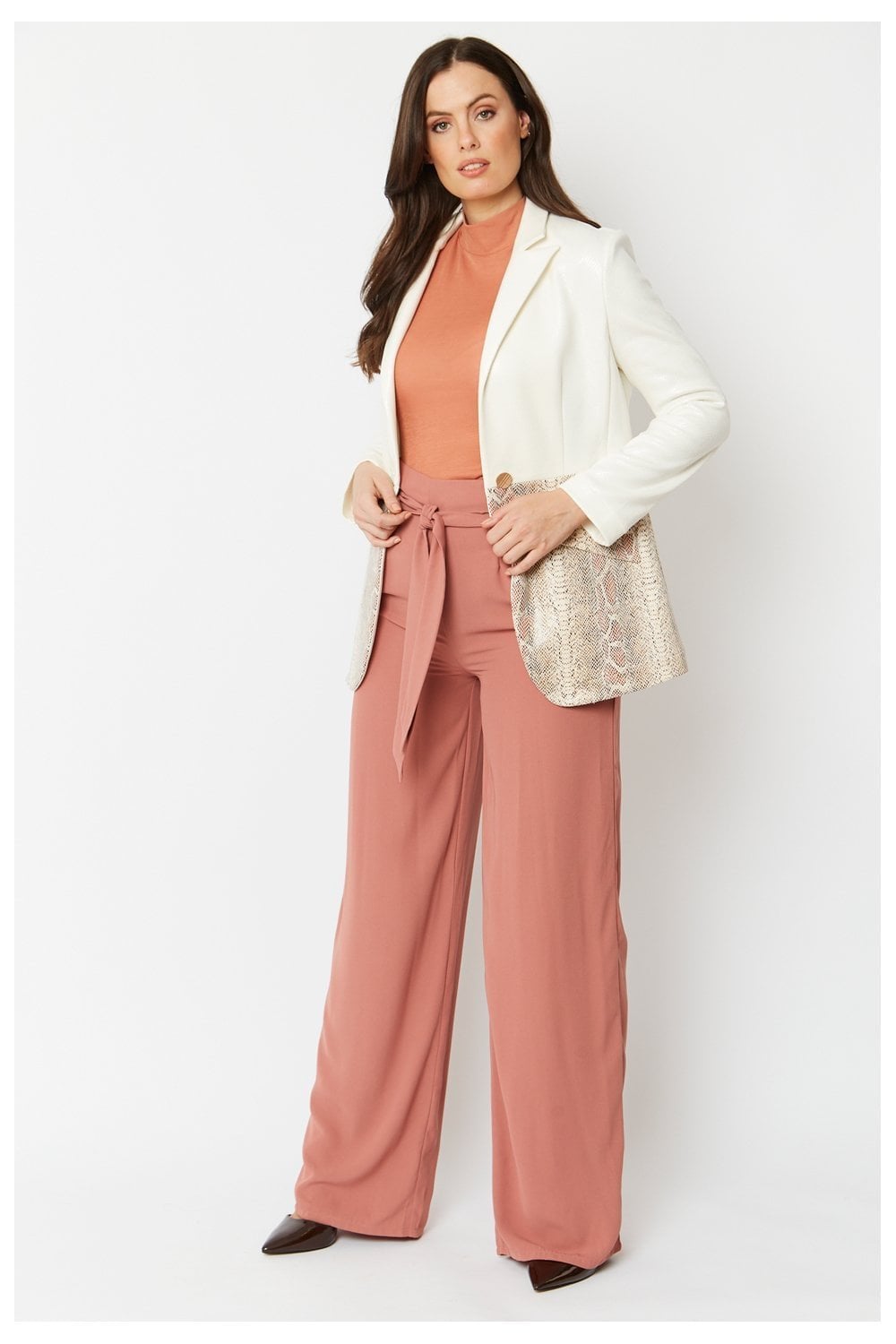 Cream faux suede jacket with snake-print pocket panel at front and long sleeves