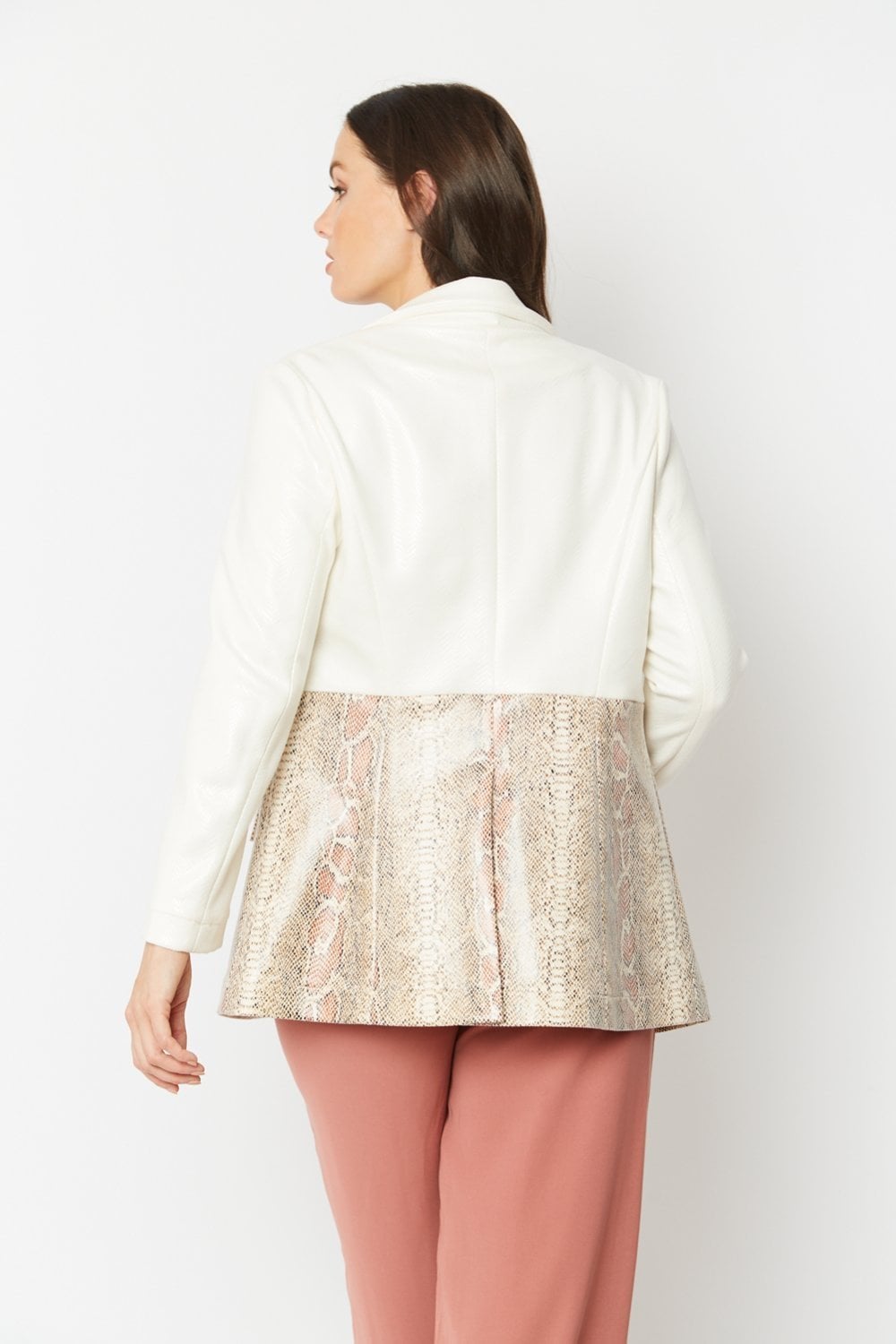 Cream faux suede jacket back view with snake-print lower yoke and long sleeves