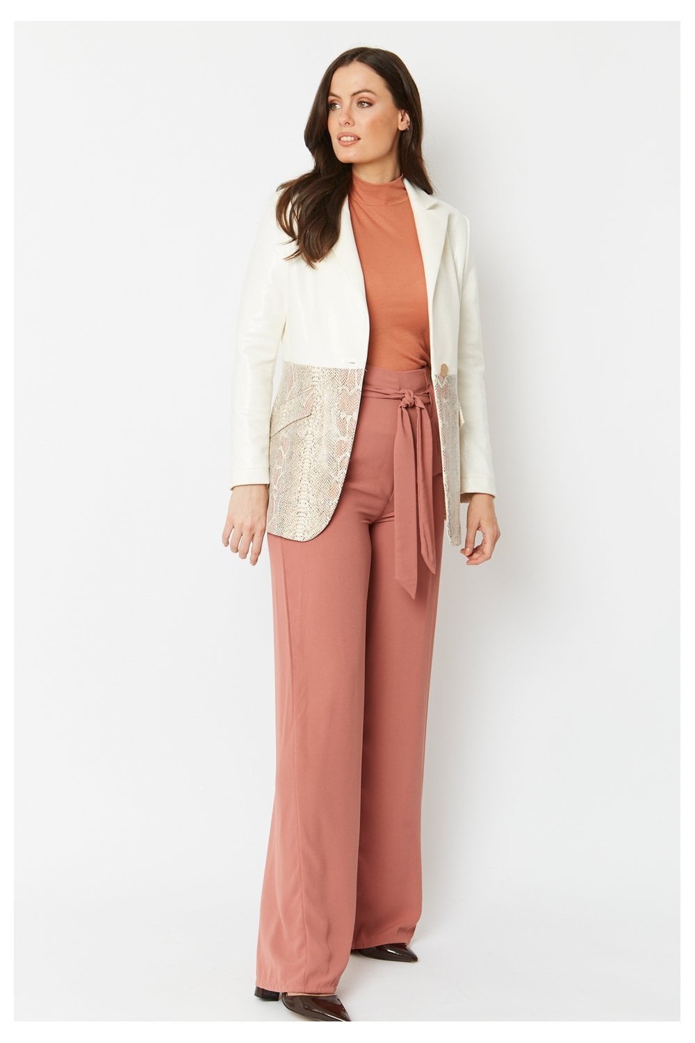 Cream faux suede jacket with snake-print pocket panel and open front longline style