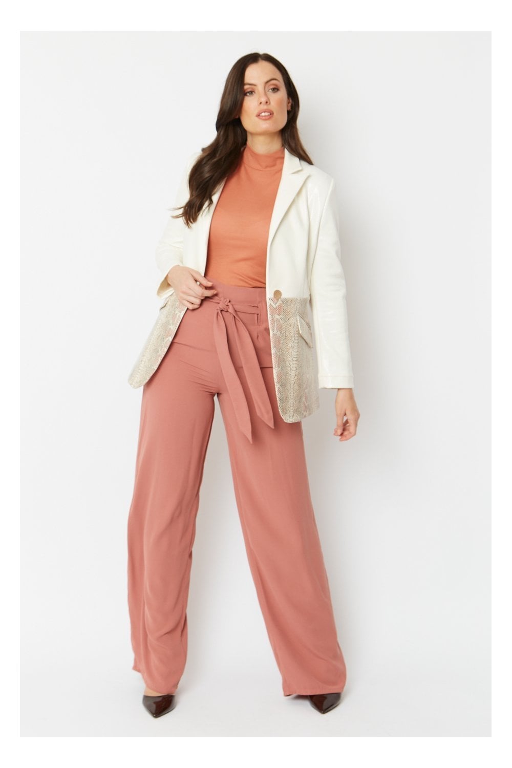 Cream faux suede jacket with snake-print pocket panel and side drape, long sleeves
