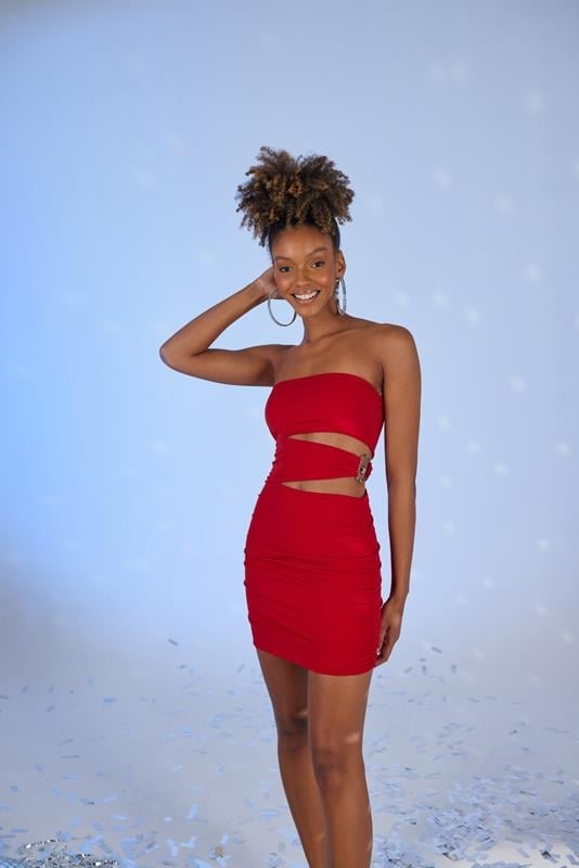 Red strapless pleated bodycon mini dress with waist cutout and slim fit
