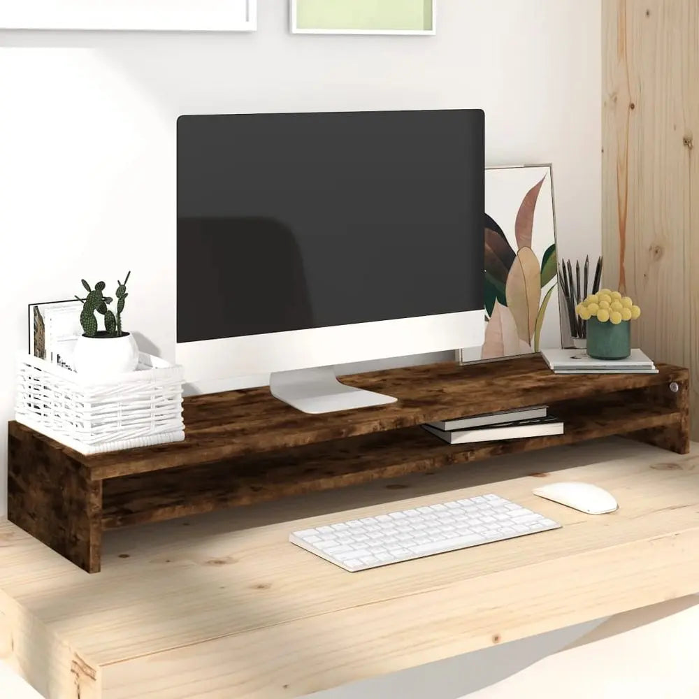 vidaXL Monitor Stand Smoked Oak 100x24x13 cm Engineered Wood - Image #1